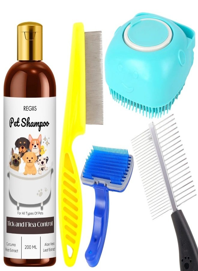 مجموعة ريجيس للعناية بالحيوانات الأليفة مع شامبو لمكافحة القراد والبراغيث، 200 مل، مجموعة فرش وأمشاط للكلاب، أزرق وأصفر (عبوة من 5 قطع) - Image 1